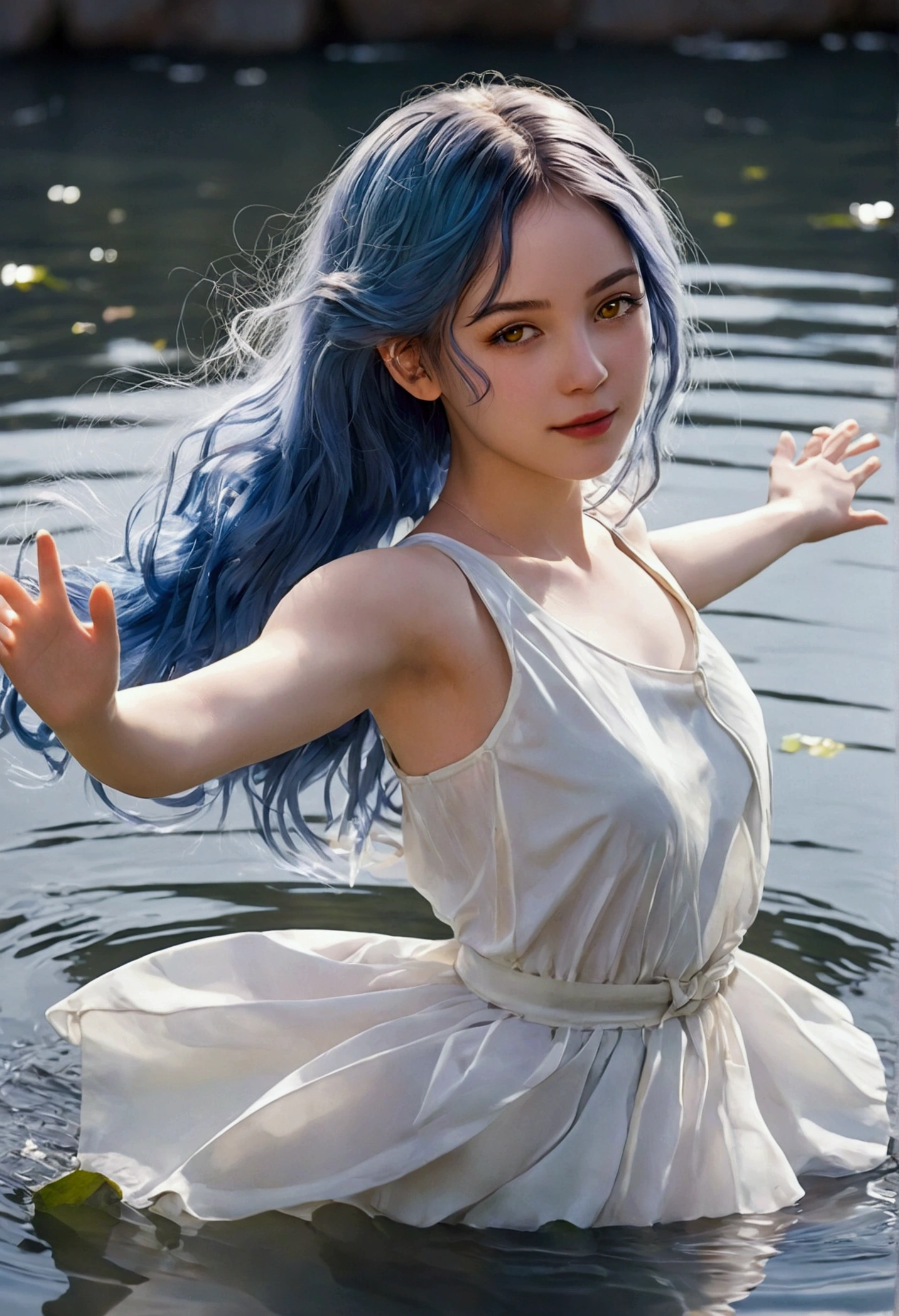 Create an anime-style illustration featuring a serene, peaceful background with a girl dancing on water. She has shoulder-length blue hair and shining yellow eyes. The scene should evoke tranquility and beauty, with soft, calming colors and gentle reflections on the water.