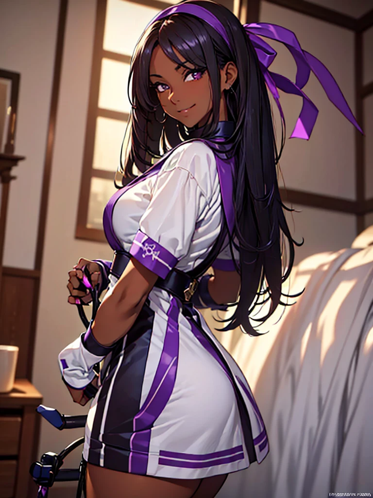 (​masterpiece, top-quality, hight resolution, Unity 8k, extremely details CG:1,Best Picture), Seductive women. Lascivious poses and facial expressions. Emphasis on sexual attractiveness, nsfw, purple ribbon, hair band, (((dark skin, Black hair, solo, 1girl ))), 