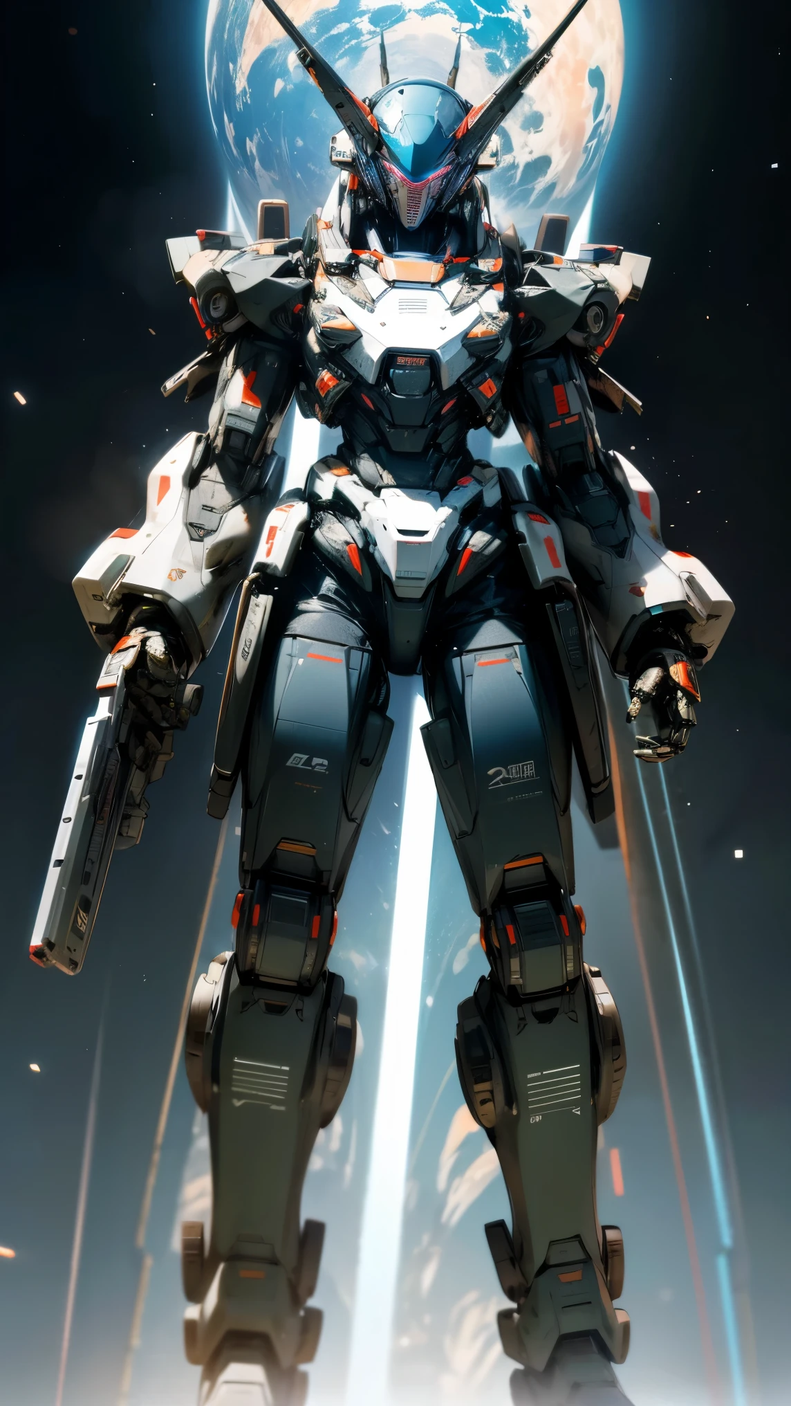 (1 robot、Giant Robot、mecha、massive、huge arms、huge legs、Total length: 28 meters、Precise machine、Fine details、humanoid robot、A bipedal robot、8 heads、In outer space)、Has a laser beam gun、Holding a gun、((32K、Ultra-high resolution、Ultra high definition、super high quality))、Parts Fine details