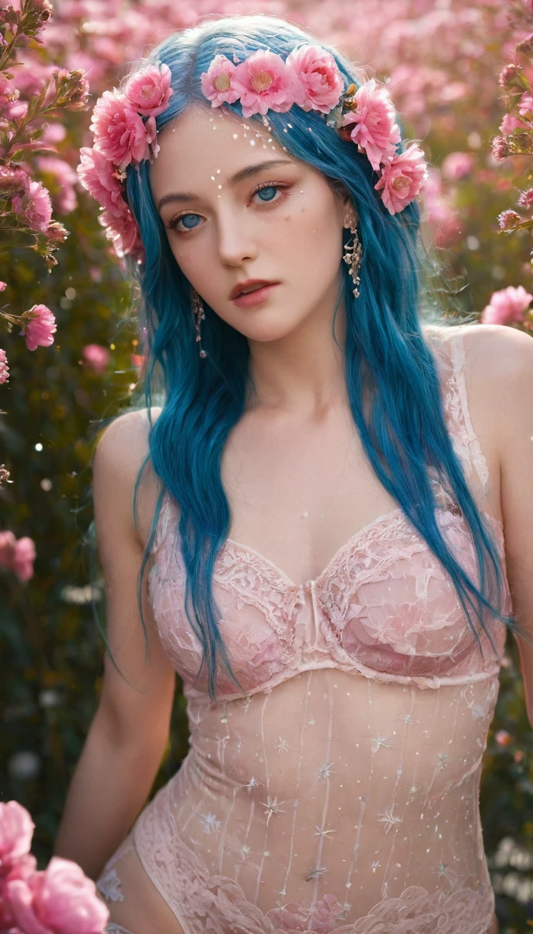 ( absurd , high quality , Extremely detailed, careful hand )Constellation - Cancer Goddess , Similar to Latin goodness , clever, cunning, reasonable, strong-willed face , Mature , tenacious, Moody, Irritability, Sexual style , Ocean blue eyes(Eye details), Long hair , Dark pink hair , Transparent dress , Lace underwear, In a sea of blooming flowers , whole body , Innocent Makeup ,