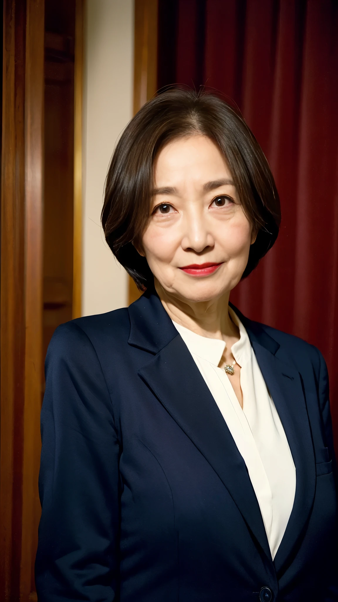 Beautiful mature woman、60-year-old woman、Photo of your ID、Red lips, Thin lips, suit、Light from the front