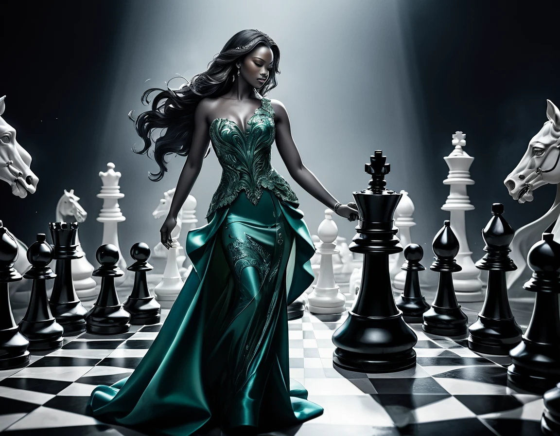 a picture of a woman winning  a chess game in a chess tournament , a beautiful woman ((full body shot: 1.5)), ((anatomically correct: 1.5)) (ultra detailed face: 1.4), dynamic skin complexion, dynamic hair style, dynamic hair color, winning a chess game at chess tournament, she is dressed in elegant dress, intricate dress, dynamic color dress, dynamic style dress, wearing high heels, a look of satisfaction, a look of victory, a look of overcoming great obstacle, chess tournament background,  vibrant, Ultra-high resolution, High Contrast, (masterpiece:1.5), highest quality, Best aesthetics), best details, best quality, highres, 16k, [ultra detailed], masterpiece, best quality, (extremely detailed), Cinematic Hollywood Film style