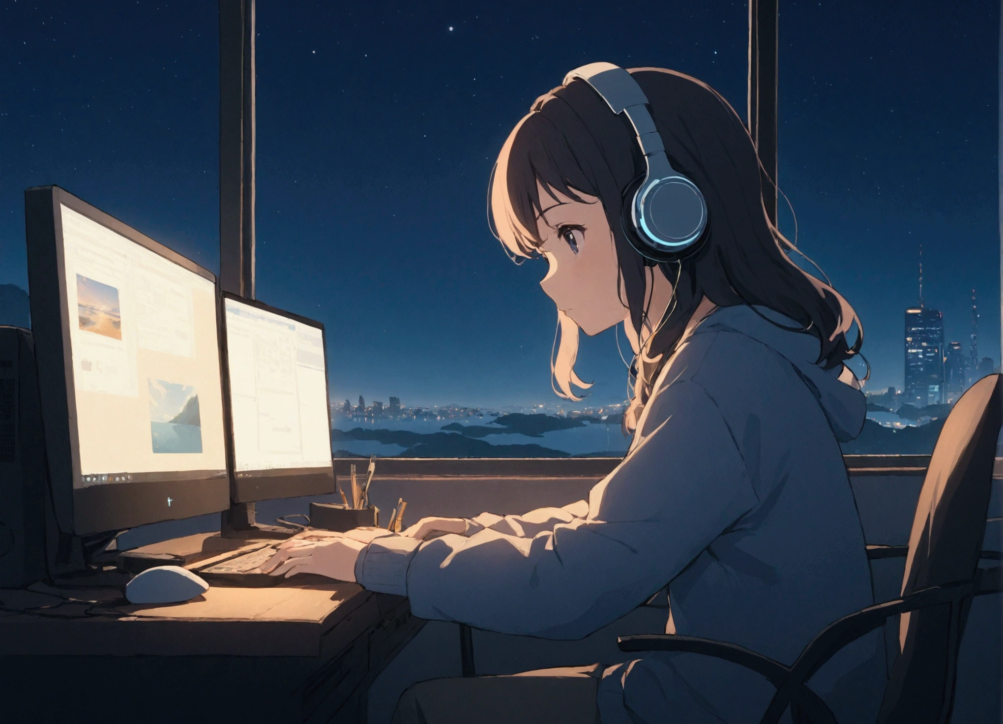 An anime illustration of a woman wearing headphones and intently looking at a PC while working on something. The scene is set by a window with a view of a nighttime , and the overall atmosphere reflects the soft, calming vibe of lofi music.