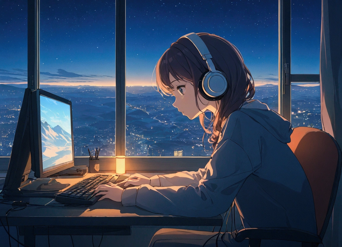 An anime illustration of a woman wearing headphones and intently looking at a PC while working on something. The scene is set by a window with a view of a nighttime , and the overall atmosphere reflects the soft, calming vibe of lofi music.