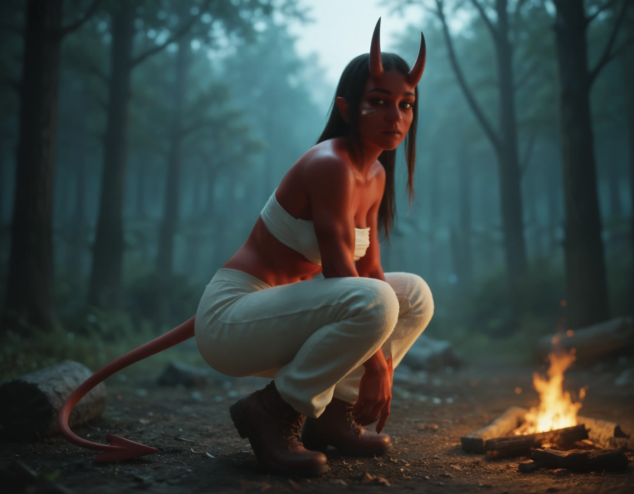 (zPDXL2), score_9, score_8_up, score_7_up, source_anime, 2d,
((1girl, solo, (Oni, demon:1.35), (oni horns, red skin, slander tail), wide samurai pants, geta footwear, near campfire, tree lean back, sits across-legged, hands on knees, damaged body, bleeding, fresh scars, (medium breasts) , (breasts bandage:1.2), looking at viewer, facing viewer,side view)), forest background, dark forest, night time, fire, campfire,
,AissistXLv2, unaestheticXL_bp5, SimplePositiveXLv2, zPDXL2 PonyXLV6_Scores