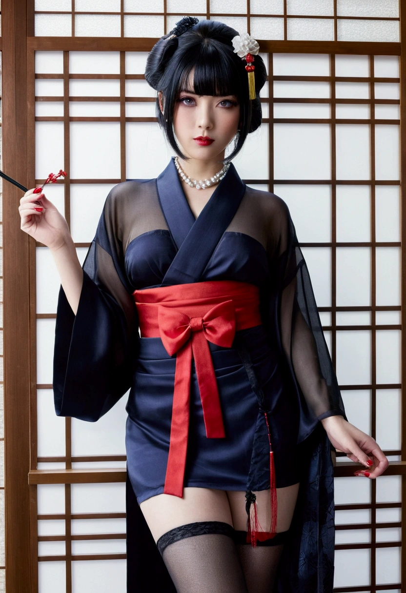 1 girl, alone, looking at the viewer, blue eyes, black hair, hair ornaments, Upper body, kimono, kimono, sash, compensate, lipstick, red nails, red lips, Hairpin,silk stockings ,See-through hakama, dark purple eyes, ,Open Crotch See-Through,Black face veil , black nylon , silk stockings ,See-through hakama、透けた黒い色のkimono ,sheer ,enamel high heels,pearl necklace,red collar,straight, shortcut, hair ornaments, lingerie