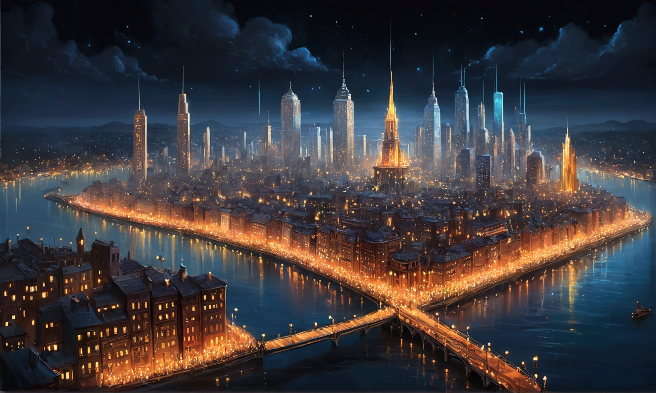 a painting of a city with lots of lights floating over it, glowing lights! digital painting, epic concept art. bokeh, glowing lights!! intricate, magical lights, . ethereal lights, floating lights, nightlight study, glowing lights!! highly detailed, inspired by Andreas Rocha, blurry and dreamy illustration, night lights, beautiful glowing lights, magic lights