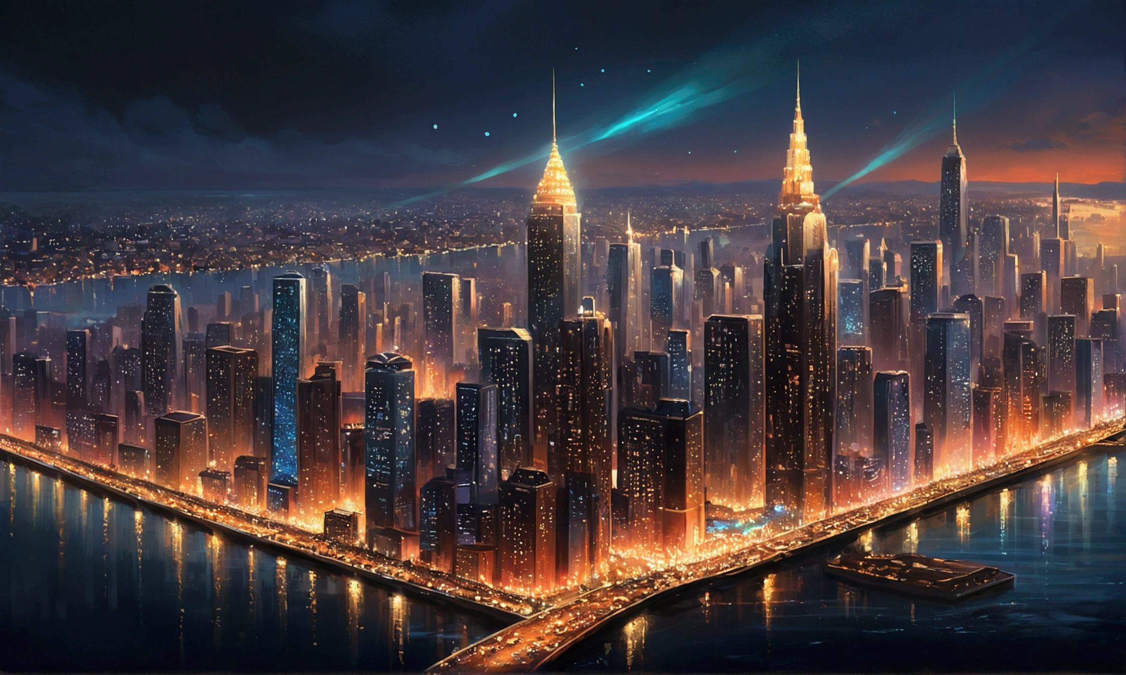 a painting of a city with lots of lights floating over it, glowing lights! digital painting, epic concept art. bokeh, glowing lights!! intricate, magical lights, . ethereal lights, floating lights, nightlight study, glowing lights!! highly detailed, inspired by Andreas Rocha, blurry and dreamy illustration, night lights, beautiful glowing lights, magic lights