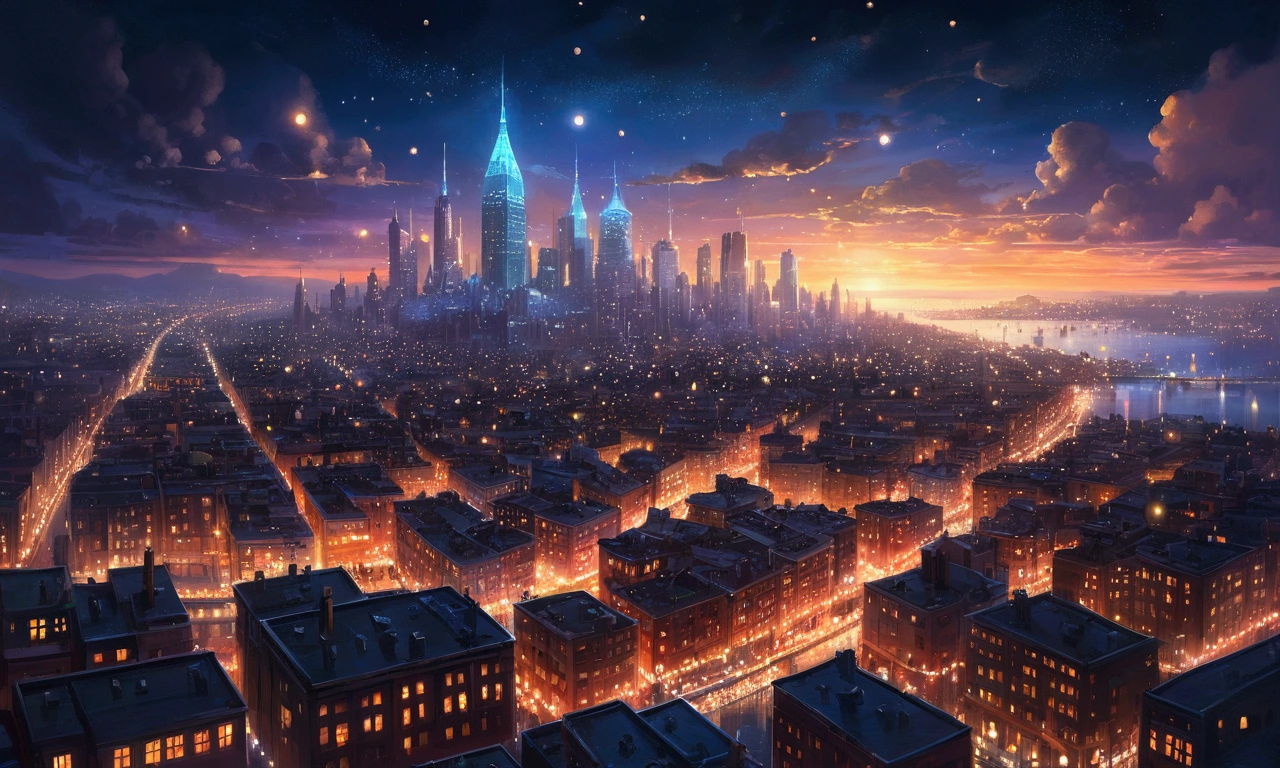 a painting of a city with lots of lights floating over it, glowing lights! digital painting, epic concept art. bokeh, glowing lights!! intricate, magical lights, . ethereal lights, floating lights, nightlight study, glowing lights!! highly detailed, inspired by Andreas Rocha, blurry and dreamy illustration, night lights, beautiful glowing lights, magic lights