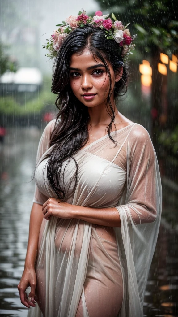 A masterpiece! Two stunning Indian girls, her disheveled hair a testament to the torrential rain that surrounds her. Beautiful, detailed eyes sparkle with joy as she gazes directly at the viewer, her long locks tied back in a neat bun. She wears a casual t-shirt, slightly transparent from the wetness, and her medium-round breasts are subtly visible beneath. In a side pose, she revels in the heavy rain shower, her big cheeks flushed with happiness. The street background is a blurred Bokeh, while raindrops glisten on her skin, capturing the essence of a carefree rainy day.rain drops,paid girl , heavy rain, slightly show half nipple , very sexy (conveying love to boy friend) flowers on head 