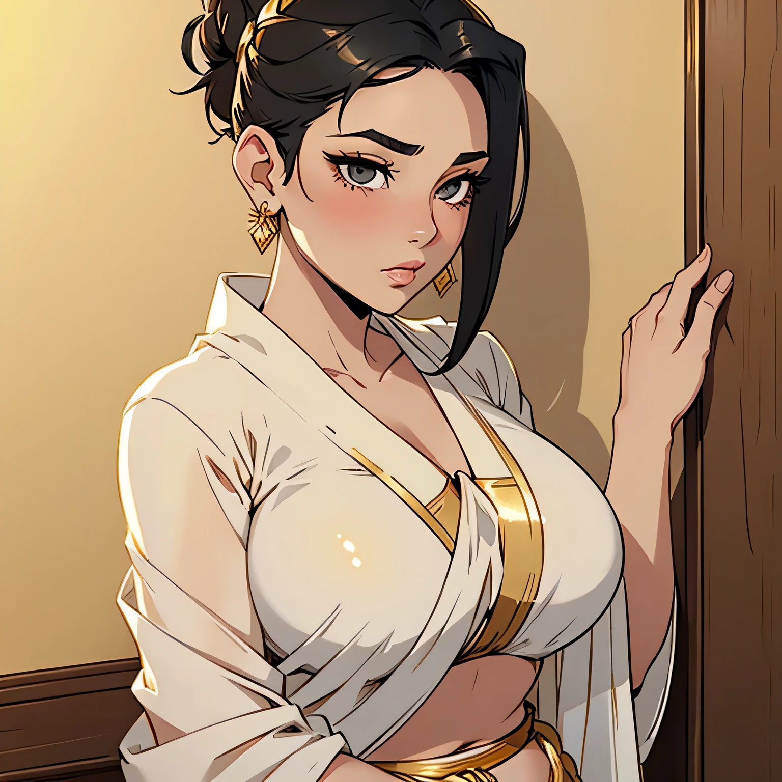 Sexy woman, black hair tied in a bun, smokey eyes, eyeliner, blushing intensely, fairest skin, plump face, soft lips, gold blouse, white saree with gold borders, pinned against a wall
