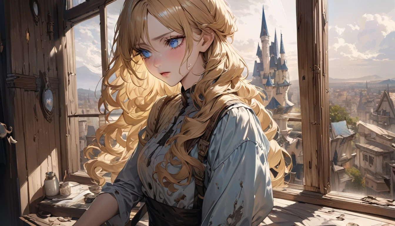 master piece, ultra detailed, hyper realistic, Looking out the window, Female servant, 20yo, Ragged and shabby servant dress, covered in soot, shedding tears and reflecting a deep sadness, wavy hair, yellow hair, silky hair, blue eyes, long eyelashes, yellow eyebrows, pale skin, A castle in the distance seen from the window, Fairy Tale World Feel, looking back,