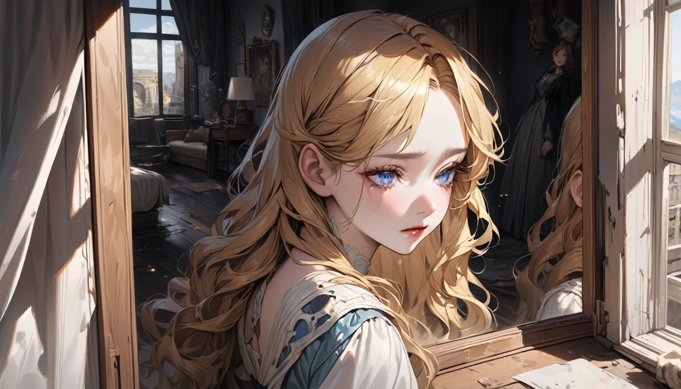 master piece, ultra detailed, hyper realistic, Looking out the window, Female servant, 20yo, Ragged and shabby servant dress, covered in soot, shedding tears and reflecting a deep sadness, wavy hair, yellow hair, silky hair, blue eyes, long eyelashes, yellow eyebrows, pale skin, A castle in the distance seen from the window, Fairy Tale World Feel, looking back, 