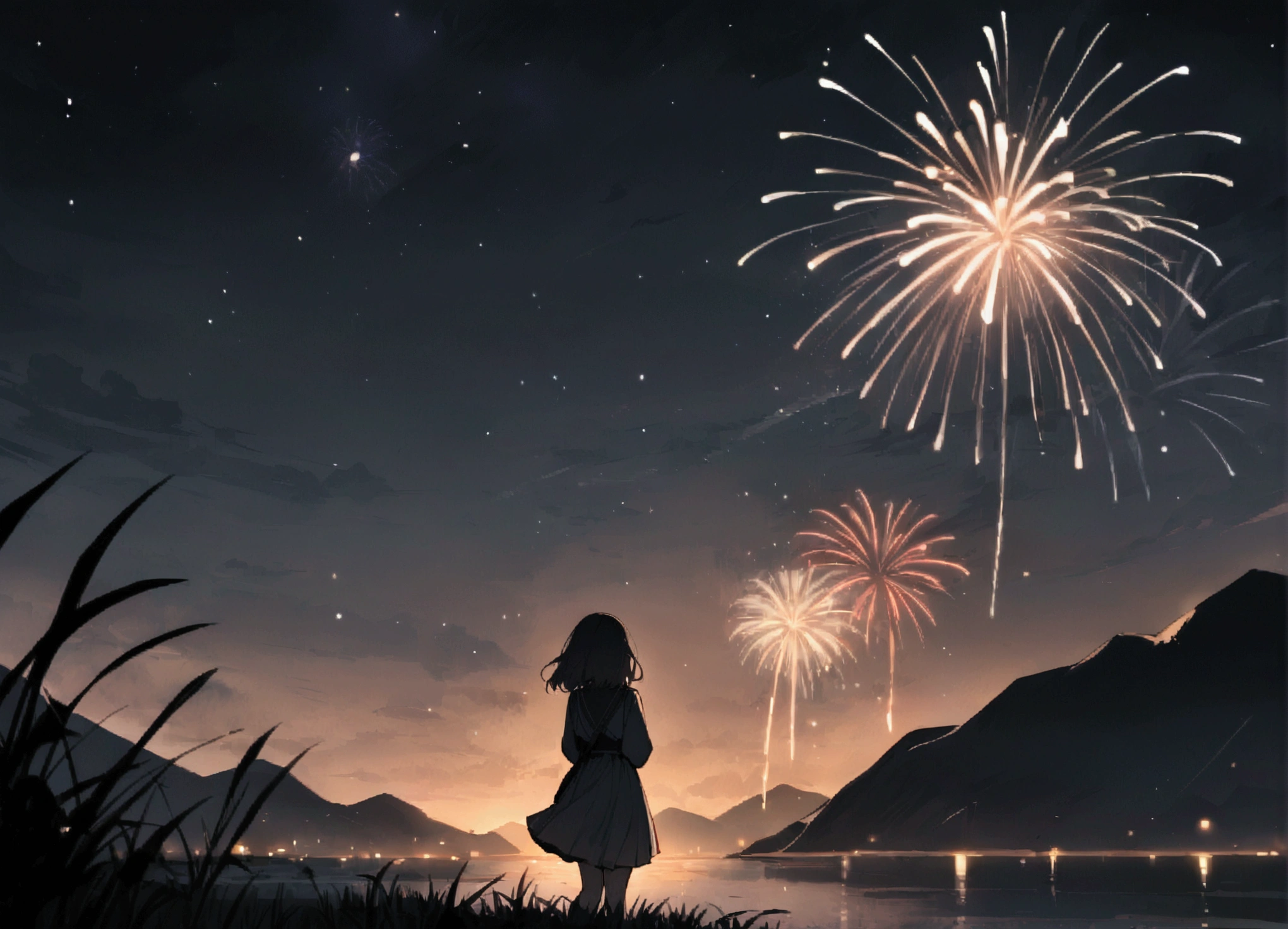 river, Beautiful fireworks at night, Green Grass, sad mood,space,masterpiece, Mountain々
