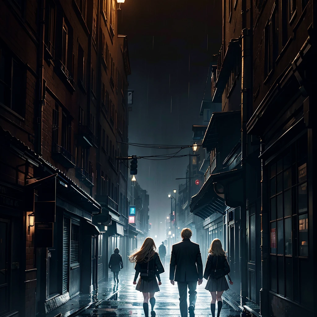 Two people, a man, with blond hair, a woman, with brown hair, wearing school uniforms, walking, dark, dark, boisterous atmosphere, foggy, rainy, mysterious