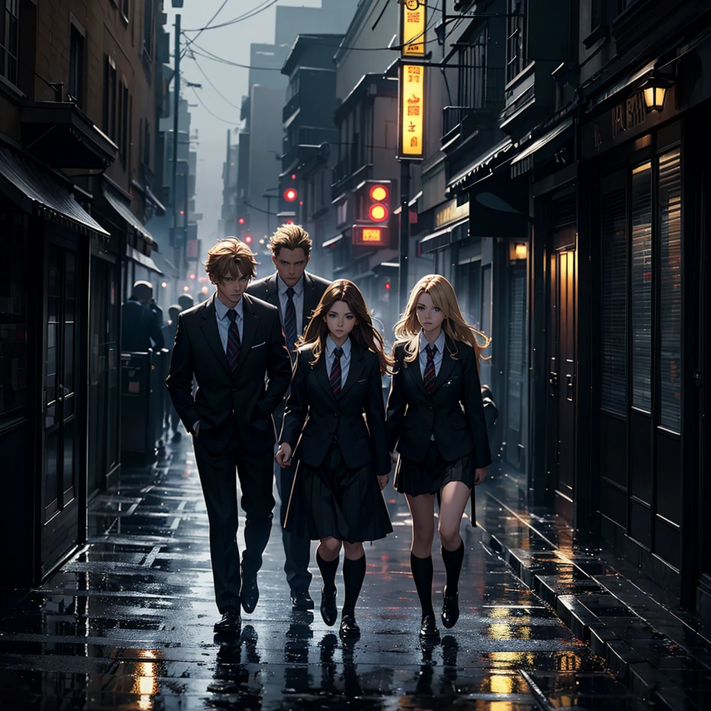 Two people, a man, with blond hair, a woman, with brown hair, wearing school uniforms, walking, dark, dark, boisterous atmosphere, foggy, rainy, mysterious