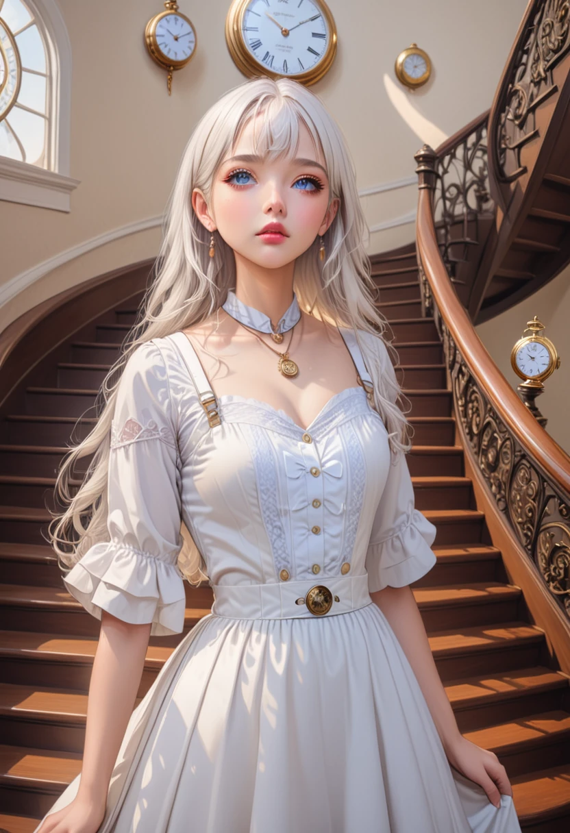 A beautiful girl with long white hair stands in front of a fantastic staircase. A pocket watch is in the background. A masterpiece. Realistic anime style.