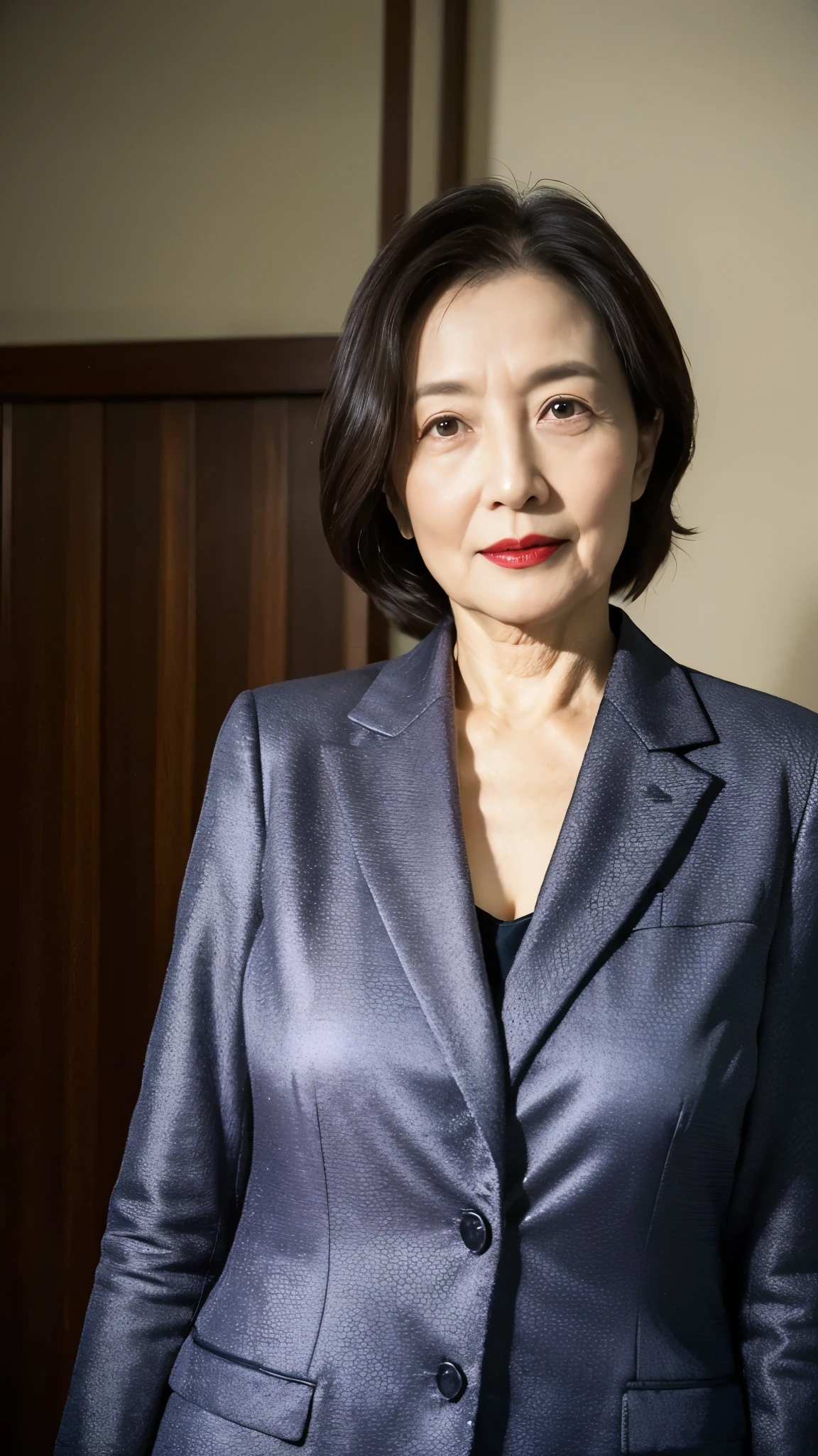 Beautiful mature woman、60-year-old woman、Photo of your ID、Red lips, Thin lips, suit、Light from the front