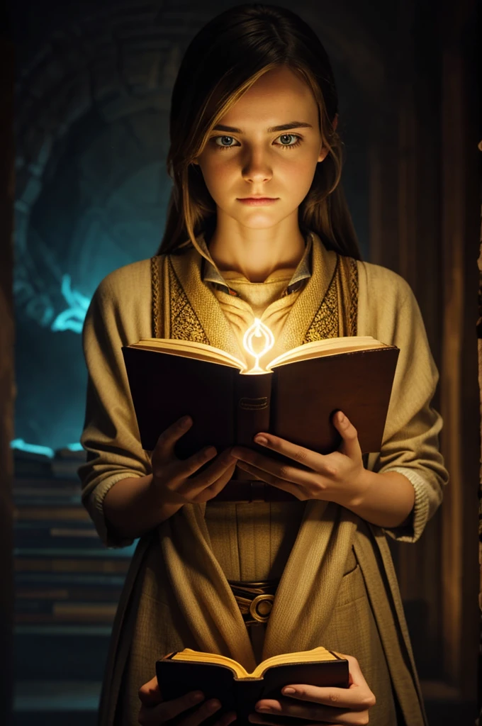 Emma Holding a Forbidden Book: Emma holding an ancient book with a complex, glowing symbol on the cover, her face reflecting determination