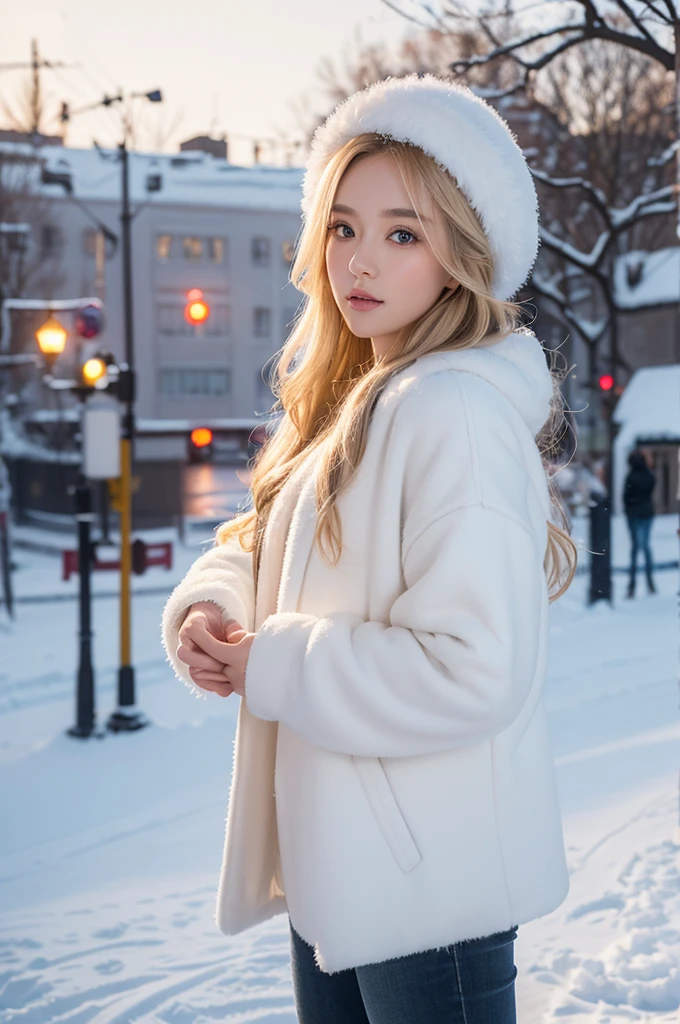 proFessional portrait photograph oF a gorgeous Norwegian girl in winter clothing with long wavy blonde hair, sultry Flirty look, gorgeous symmetrical Face, Cute and natural makeup, wearing elegant warm winter Fashion clothing, ((Stand outside the snow-capped city streets)), Stunning modern city environment, Surreal, Concept Art, elegant, Very detailed, complex, sharp Focus, depth oF Field, F/1. 8, 85 mm, Mid-shot拍摄, Mid-shot, (((proFessionally color graded))), bright soFt diFFused light, (volumetric Fog), Trending topics on Instagram, hdr 4k, 8K