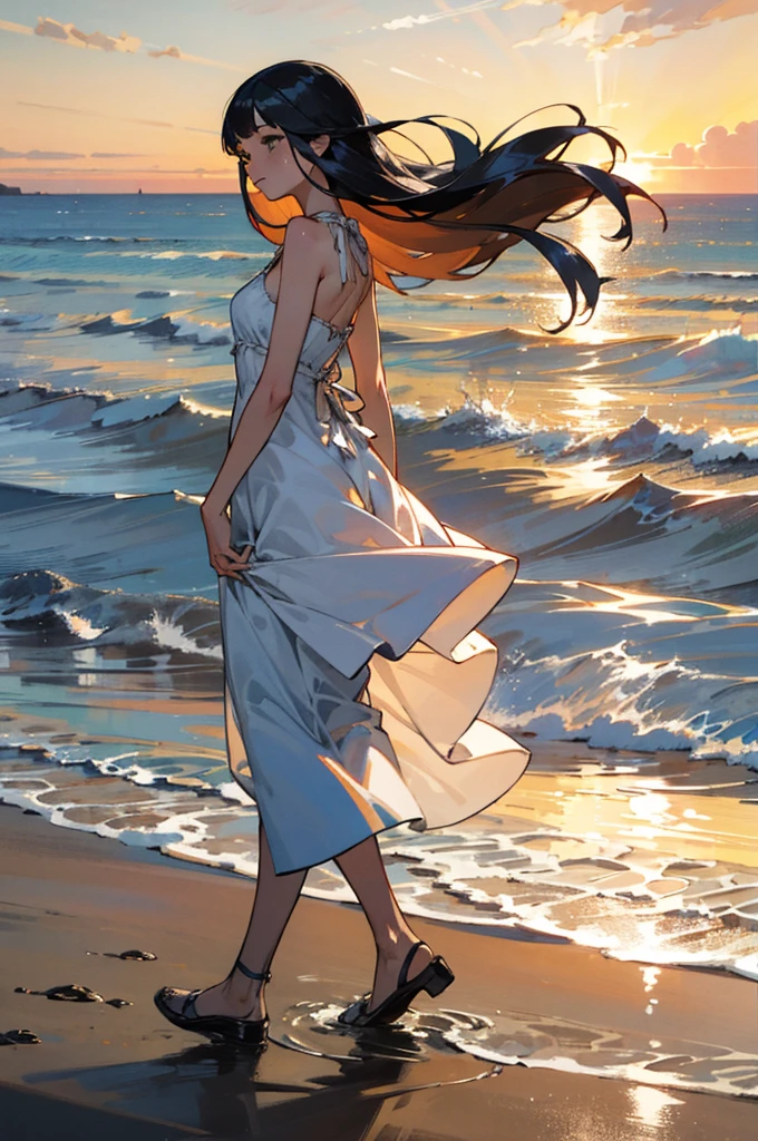 Masterpiece, realistic, high quality, beautiful black Brazilian girl with black curly hair, in a white bikini, with her back on the beach area looking at the sunset in the sea --auto