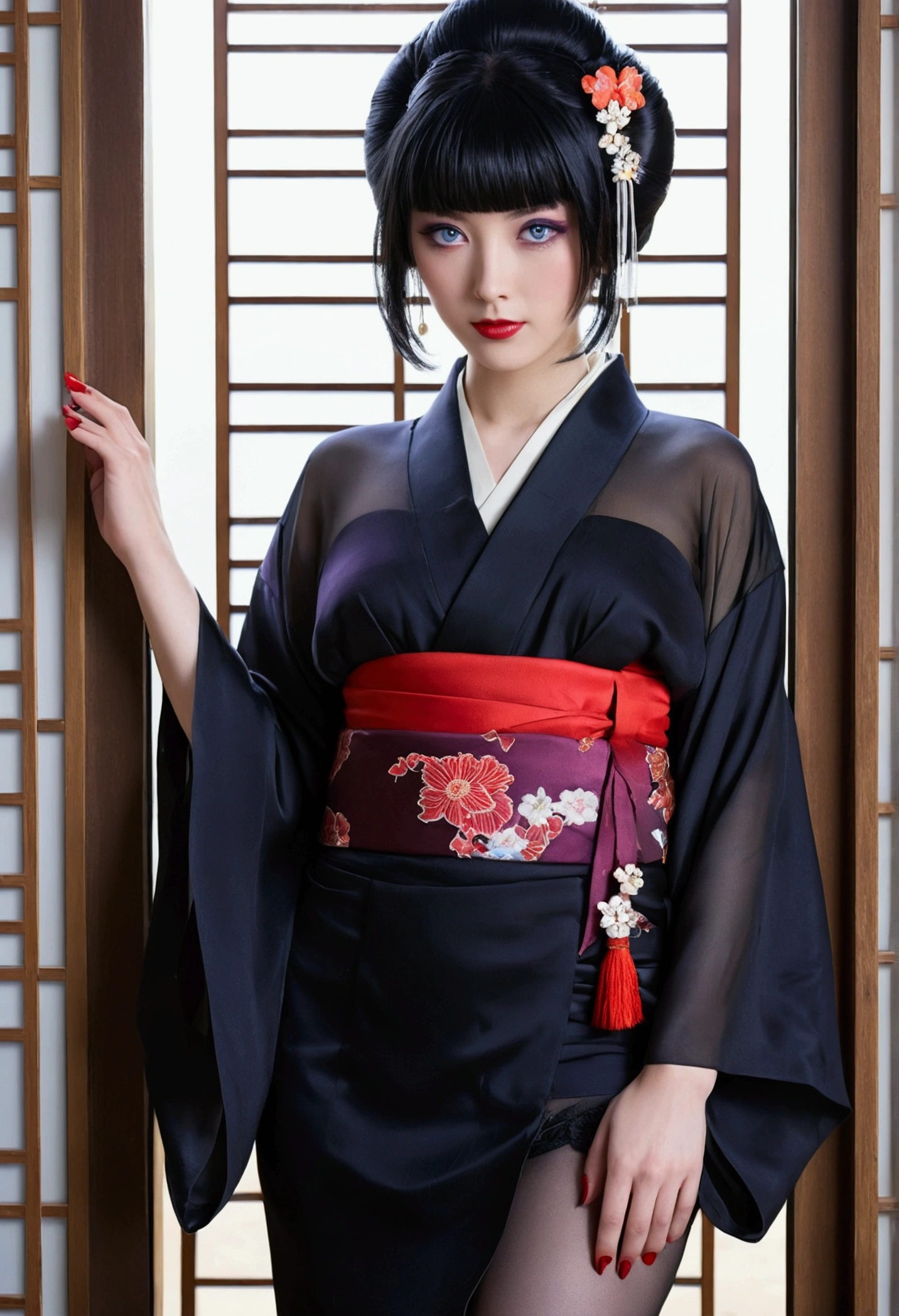 1 girl, alone, looking at the viewer, blue eyes, black hair, hair ornaments, Upper body, kimono, kimono, sash, compensate, lipstick, red nails, red lips, Hairpin,silk stockings ,See-through hakama, dark purple eyes, ,Open Crotch See-Through,Black face veil , black nylon , silk stockings ,See-through hakama、透けた黒い色のkimono ,sheer ,enamel high heels,pearl necklace,red collar,straight, shortcut, hair ornaments