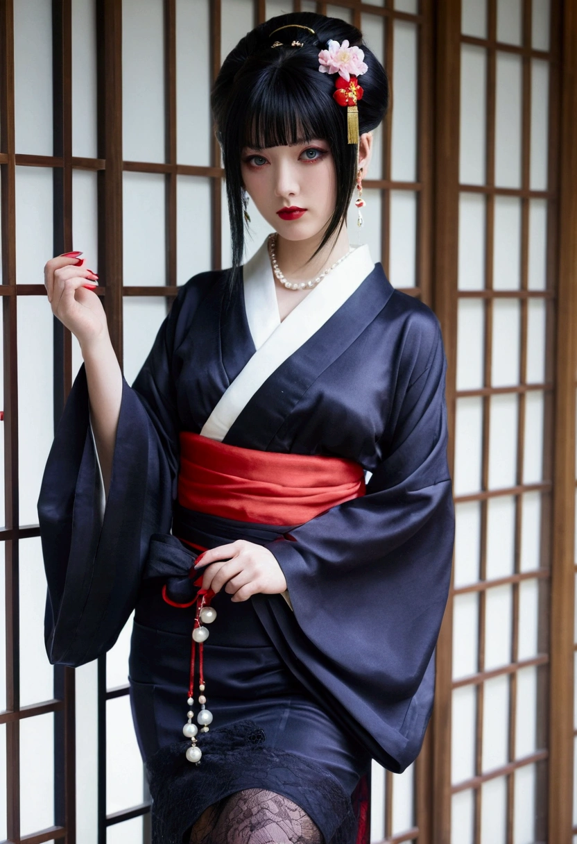 1 girl, alone, looking at the viewer, blue eyes, black hair, hair ornaments, Upper body, kimono, kimono, sash, compensate, lipstick, red nails, red lips, Hairpin,silk stockings ,See-through hakama， dark purple eyes，　,Open Crotch See-Through,Black face veil , black nylon , silk stockings ,See-through hakama、透けた黒い色のkimono　,sheer ,enamel high heels,pearl necklace,red collar,straight,　shortcut,　hair ornaments