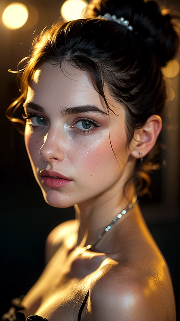 (((ultra realistic))) Photo, masterpiece, top quality, (pale skin), (Ultra detailed face and eyes:1.3), Indian 1 girl, in a beautiful black(goldon embroidery)dress, (Eye makeup, mascara) , (a close up portrait of a beautiful woman with long brown messy bun, curly hair), wearing a black dress, gorgeous detailed face, extremely beautiful delicate features, piercing eyes, luscious lips, flawless skin, stunning portrait, high quality, cinematic lighting, photorealistic, masterpiece, dramatic depth of field, soft elegant expression, elegant and serene, professional portrait photography, beautiful model, gorgeous female portrait, incredible realismof field, bokeh, (special attention to skin detail: 1.2), Detailed leather texture, skin pores. ((side angle portrait, viewing towards the camera)) , ultra detialed,