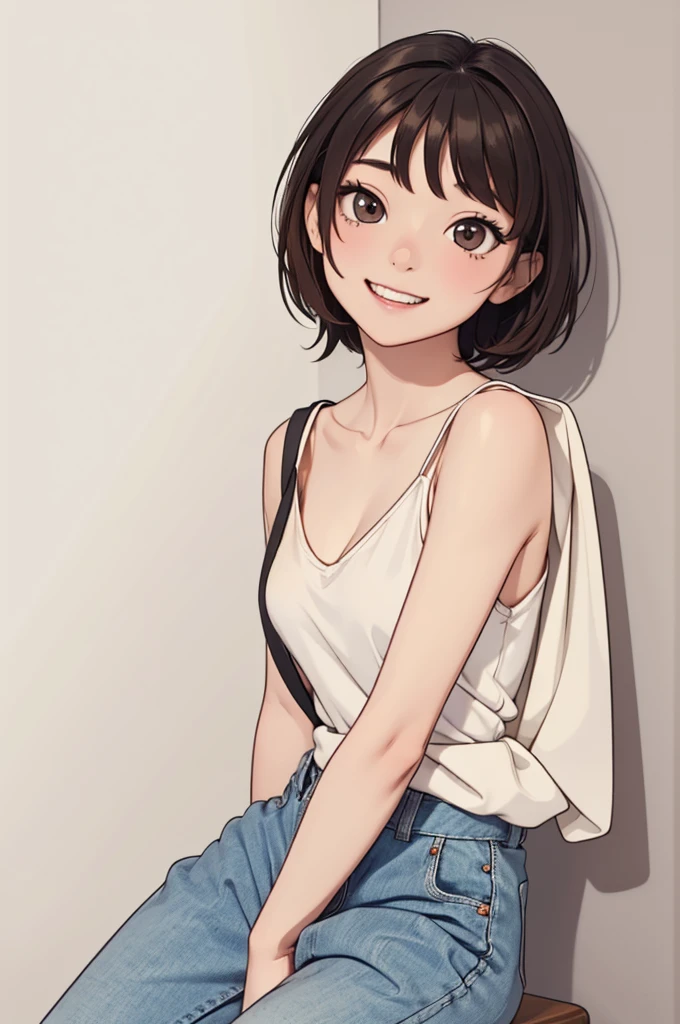 (((masterpiece, best quality, ultra highres, 1 girl, solo, no background))), super detailed skin and face and eyes and finger, young delicate girl, cute girl, very cute japanese woman, small breasts:1.5, skinny, light brown hair, white background, very short pixie hair, cowboy shot, Generate with illustrations, Various expressions, Various poses, Please draw the entire character within the frame, ensuring that the head, arms, and legs are not cut off. The background should be simple, with the character positioned centrally, outline, anime, 2d, boyish, smile showing teeth,