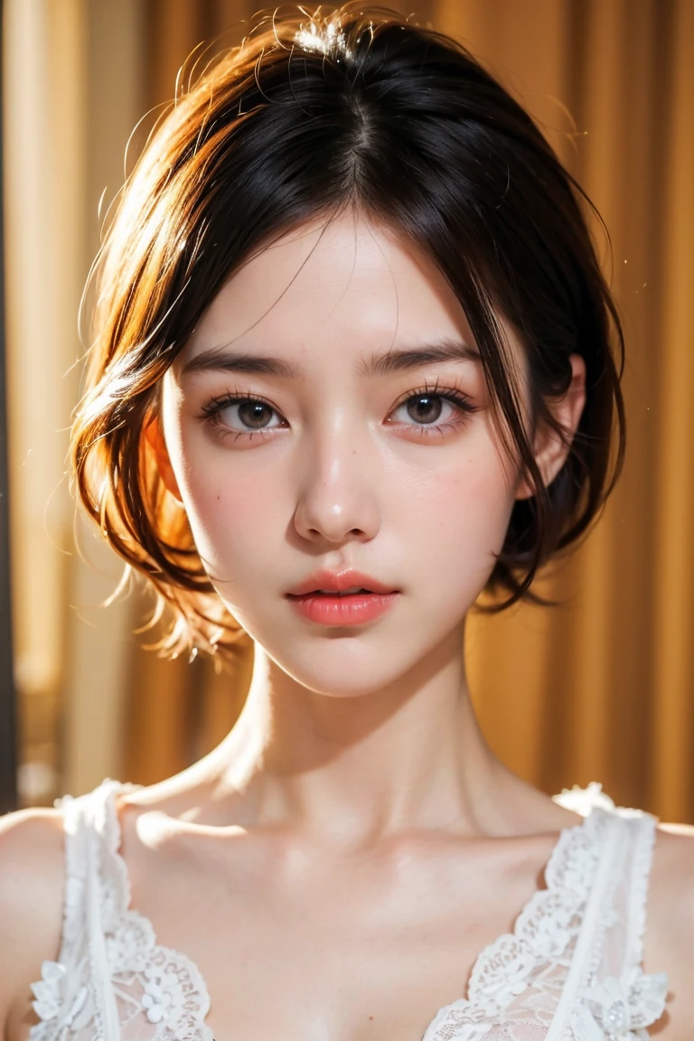 Maintain face image、height: 170cm, 30 years old、Pale face and eyes:1.3、Very narrow face and eyes:1.3, (Swollen eyes:1.5)、{Highest quality}, {{masterpiece}}, {Very delicate and beautiful}, Excellent light and shadow, Highly detailed wallpaper, clear 、1 girl, blush, Short Bob Hair,(The costumes are、It's a classic yet sexy style.。アイボリーcolorのシャツドレスを着ており、Long sleeves and belted waist。I can't see the bottoms、Black thigh-high boots are visible from the bottom of her shirt dress.、Emphasizes modern and edgy style。Also、He wears black-rimmed glasses、It gives an intelligent and sophisticated impression.。)、Supermodel Legs、High heels)、 Delicate hair, (Realistic skin texture:1.3), Saggy breasts, Cleavage、Alsoは皮膚のしわが目立つ., B cup, Broad shoulders, ((Dynamic model posing)), necklace、ring、earrings、smile、(Front Focus), (In the Dark:1.6), Surrealist female portraits by David Hockney and Alphonse Mucha, Fantasy art, Photorealistic, Dynamic Lighting, Art Station, Poster, Volumetric Lighting, Highly detailed face, 4K, Awards, 1 girl, In the Dark, Deep Shadow, Inconspicuous key, color々angle, color々Performance、(Background、Night city scene。What you can see through the window、Illuminated buildings and neon signs、霧がかかった街の景colorです。In a corner of a restaurant or cafe、The room is warmly lit、There is a wooden table and a red-brown sofa.。The city's night view spreads out outside the window、It creates a quiet night atmosphere.。)