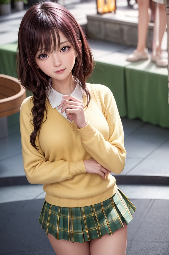 ph momo, momohd, phmomo, solo, 1girl,  pink hair, purple eyes, short hair, hair flower, sweater vest, ,(yellow sweater:1.2), big eyes, plaid skirt, black thighhighs, (masterpiece:1.6, best quality),  (finely detailed beautiful eyes: 1.2), ultra-detailed, illustration,beautiful detailed eyes, (yandere:1.4), (empty eyes),  backlighting, looking at viewer, blush, smile, (masterpiece, finely detailed beautiful eyes: 1.2), detailed eyes, hyper detailed,light smile, highly detailed, beautiful, small details, ultra detailed, best quality, intricate, hyperrealism, sharp, digital illustration, detailed, realism, intricate, 4k, 8k, trending on artstation, good anatomy, beautiful lighting, award-winning, photorealistic, realistic shadows, realistic lighting, beautiful lighting, raytracing, intricate details, moody, rule of thirds, masterpiece, (illustration:1.1), highres, (extremely detailed CG, unity, 8k wallpaper:1.1), beautiful face, highly detailed face, ultra realistic, masterpiece, bokeh, pink hair,extremely detailed, intricate, zoomout, colorful, vibrant colors, red nail polish, side view,standing,whole body,green skirt, plaid, plaid skirt, sainan high , , skirt, sweater vest,