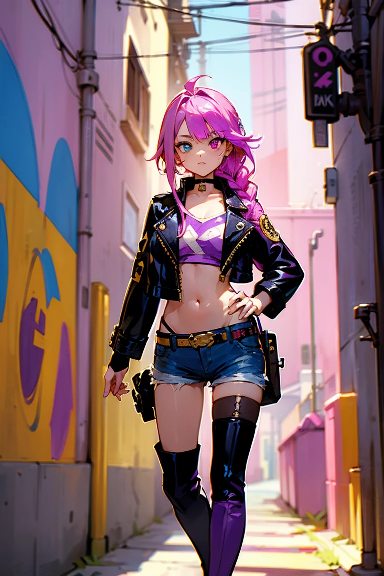 1female, pink hair, long braid, heterochromia (one purple eye, one gold eye), fitted black leather jacket, denim shorts, thigh-high boots, standing in an alley with colorful murals