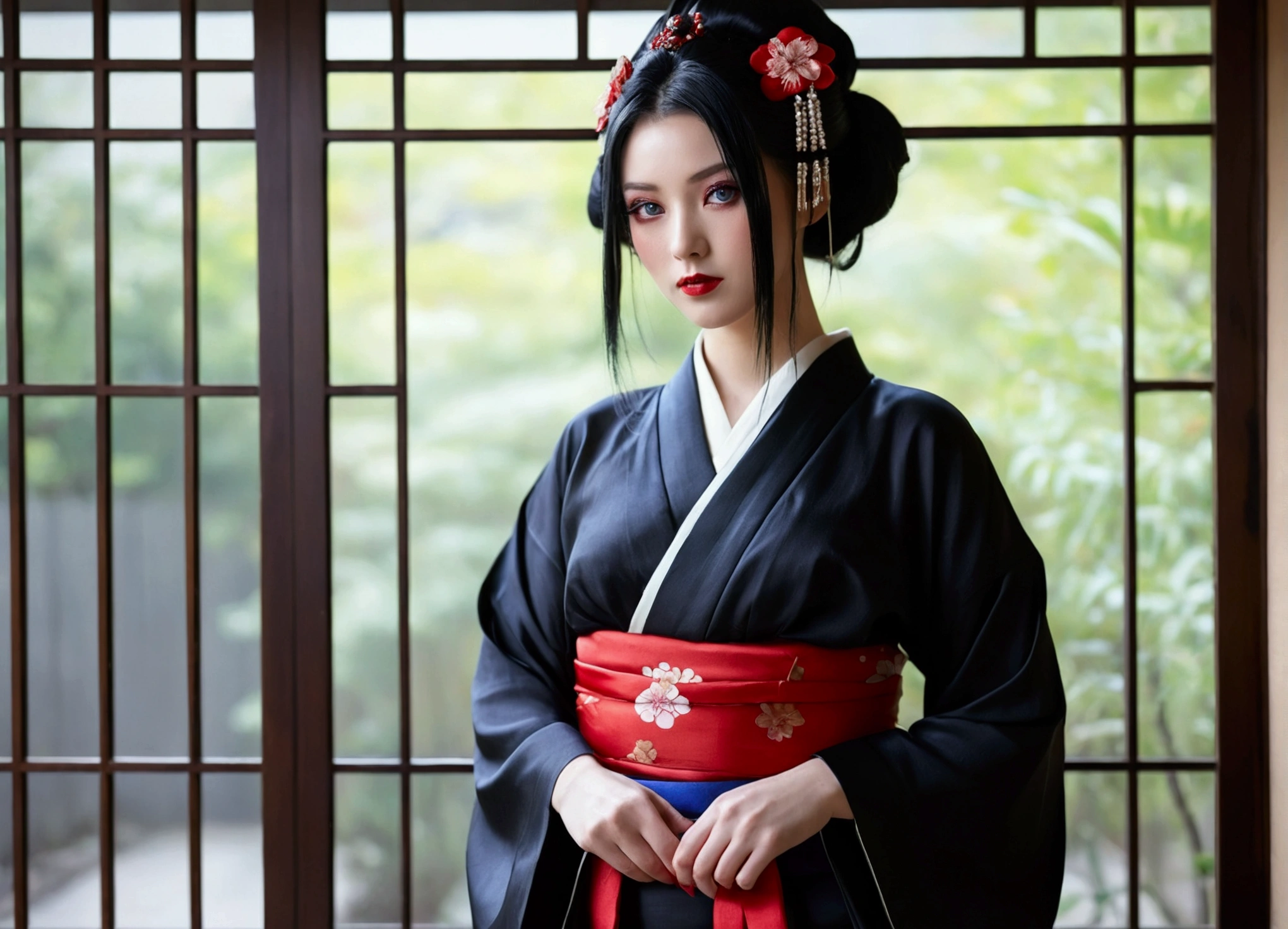 1 girl, alone, looking at the viewer, blue eyes, black hair, hair ornaments, Upper body, kimono, kimono, sash, compensate, lipstick, red nails, red lips, Hairpin,silk stockings ,See-through hakama， dark purple eyes，　,Open Crotch See-Through,Black face veil , black nylon , silk stockings ,See-through hakama、透けた黒い色のkimono　,sheer ,enamel high heels,pearl necklace,red collar,straight,　shortcut,　hair ornaments