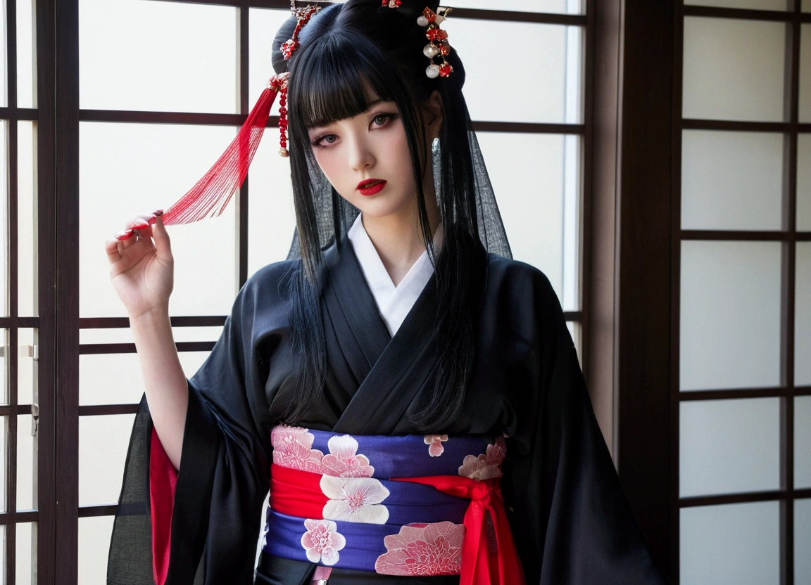 1 girl, alone, looking at the viewer, blue eyes, black hair, hair ornaments, Upper body, kimono, kimono, sash, compensate, lipstick, red nails, red lips, Hairpin,silk stockings ,See-through hakama, dark purple eyes, ,Open Crotch See-Through,Black face veil , black nylon , silk stockings ,See-through hakama、透けた黒い色のkimono ,sheer ,enamel high heels,pearl necklace,red collar,straight, shortcut, hair ornaments