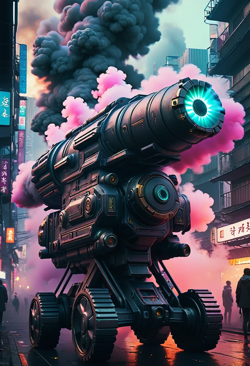 (8k, best quality, masterpiece, ultra highres, ultra-detailed:1.2),(Shachihoko cannon),future technology, cyberpunk-style ,electronic ,Colored smoke,(ruined city),japan