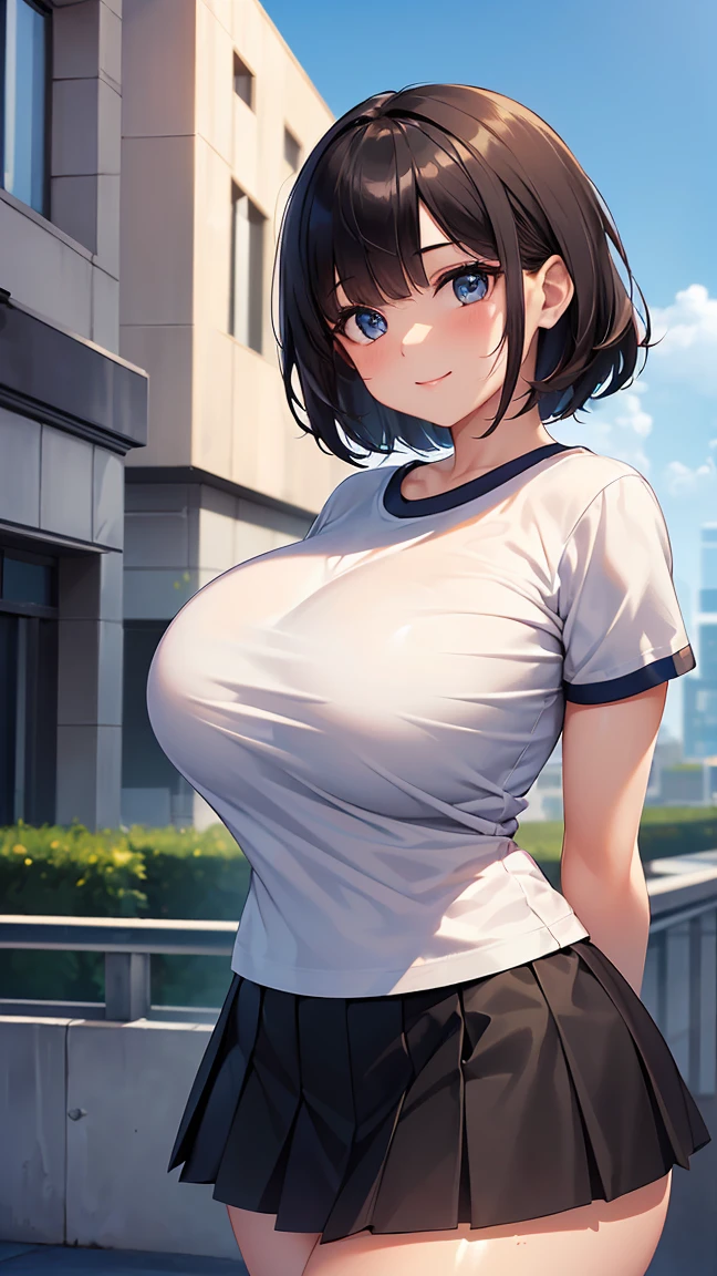 high resolution, extremely detailed CG, unity 8k wallpaper, super detailed skin, perfect anatomy, detailed, cinematic lighting, dynamic lighting, beautiful detailed eyes, (1 Girl), (Married Woman:1.2),  Black Hair, Short Hair, Beautiful Eyes, Wide double eyelids, smile, (Huge breasts bigger than her head:1.5), (Curvy:1.4), (Short sleeve T-shirt、Ruffled skirt:1.6), Are standing、(sunny:1.3), (arms behind back:1.8), Looking out the building at the landscape, (outdoor:1.5), (gleaming skin:1.8)