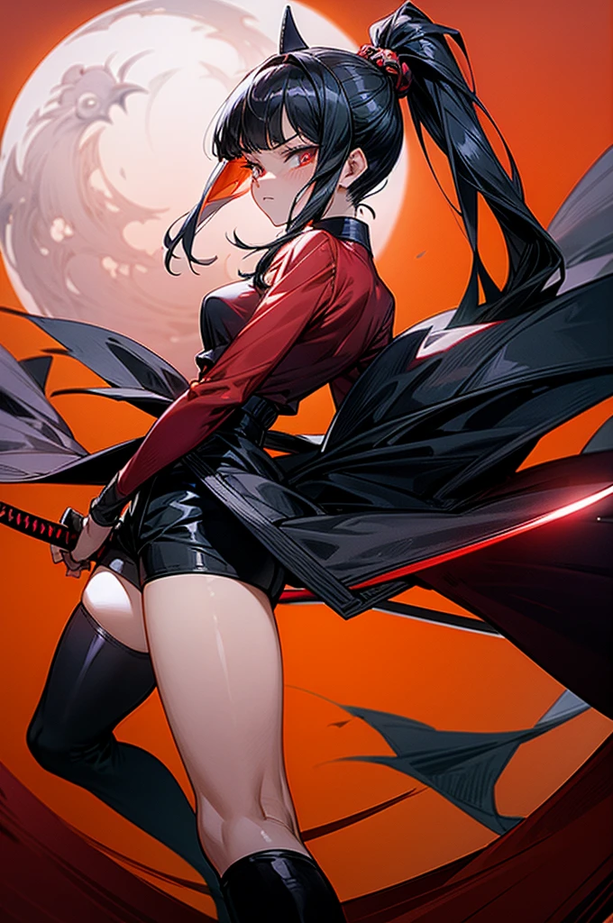 masterpiece), best quality, newest, highres, absurdres, ultra detail, extremely detailed, official art, rich colors, sharp contrast, detailed shading, perfect anatomy, good hands, solo, 1girl,large breasts,red eyes, (kunoichi), bare shoulder, sleeve less, thighs, thighhighs, japanese clothes, kimono, sash, obi,body fishnets, ninja, black kimono,(bunnysuit,red leotard), confident,dominant, serious, dropkick, sharp eyes, large breasts, big thighs, fishnet pantyhose, round ass, ,real bunny ears ,real bunny tail,sheathed katana,weilding fire katana,hime cut,black hair expressive pose, full body , closeup, dynamic view, dynamic action,from below , old japanese village, night, moon