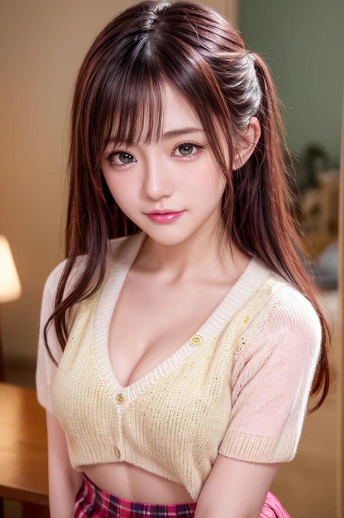 ph momo, momohd, phmomo, solo, 1girl, pink hair, purple eyes, short hair, hair flower, sweater vest, ,(yellow sweater:1.2), big eyes, plaid skirt, black thighhighs, (masterpiece:1.6, best quality), (finely detailed beautiful eyes: 1.2), ultra-detailed, illustration,beautiful detailed eyes, (yandere:1.4), (empty eyes), backlighting, looking at viewer, blush, smile, (masterpiece, finely detailed beautiful eyes: 1.2), detailed eyes, hyper detailed,light smile, highly detailed, beautiful, small details, ultra detailed, best quality, intricate, hyperrealism, sharp, digital illustration, detailed, realism, intricate, 4k, 8k, trending on artstation, good anatomy, beautiful lighting, award-winning, photorealistic, realistic shadows, realistic lighting, beautiful lighting, raytracing, intricate details, moody, rule of thirds, masterpiece, (illustration:1.1), highres, (extremely detailed CG, unity, 8k wallpaper:1.1), beautiful face, highly detailed face, ultra realistic, masterpiece, bokeh, pink hair,extremely detailed, intricate, zoomout, colorful, vibrant colors, red nail polish, side view,standing,whole body,green skirt, plaid, plaid skirt, sainan high , , skirt, sweater vest,