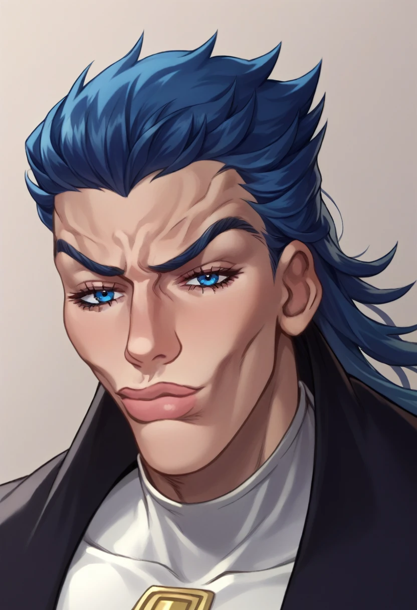 score_9, score_8_up, score_7_up, source_anime, SkylerWhiteYo, closed mouth, black coat, blue hair, blue eyes, JoJo, JoJo style, JoJo's Bizarre adventure
