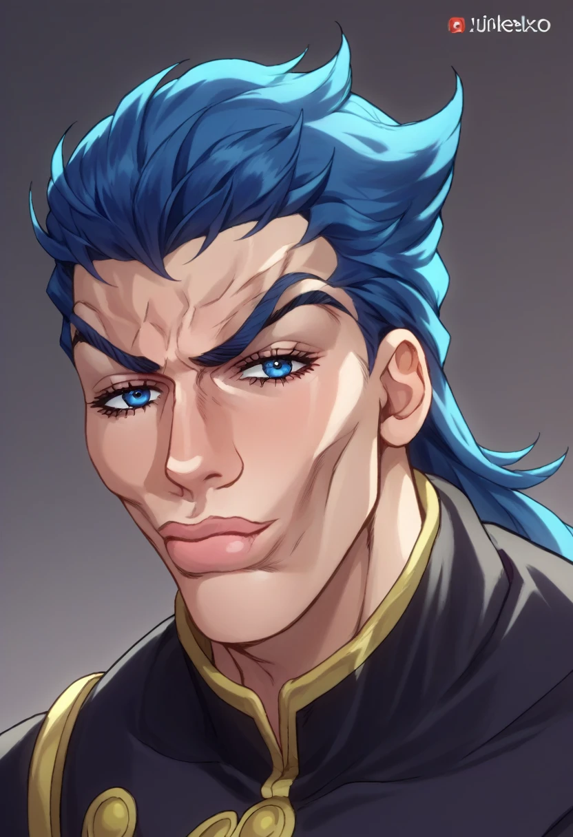 score_9, score_8_up, score_7_up, source_anime, SkylerWhiteYo, closed mouth, black coat, blue hair, blue eyes, JoJo, JoJo style, JoJo's Bizarre adventure