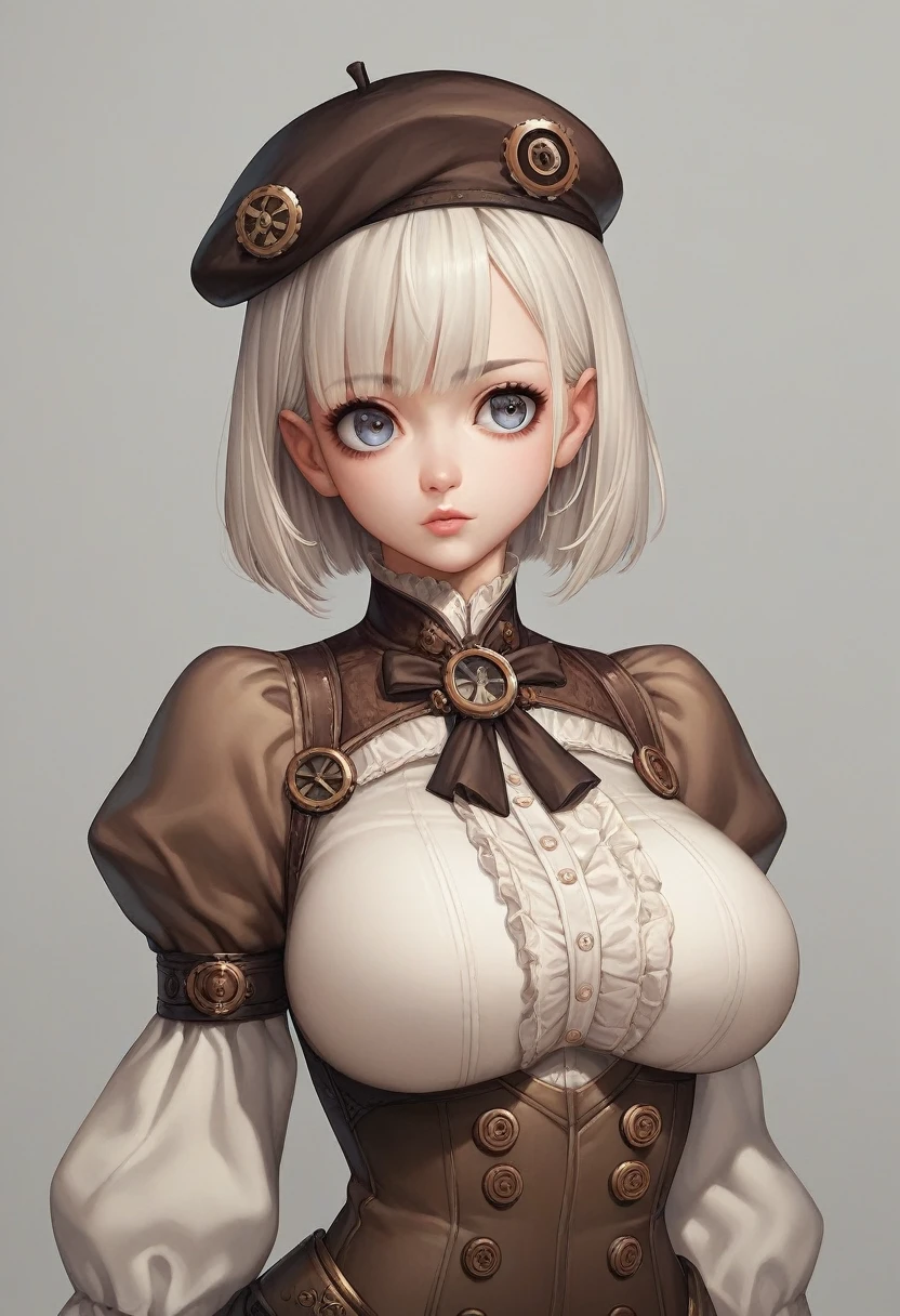 score_9, score_8_up, score_7_up, score_6_up, score_5_up, score_4_up, source_anime, medium shot, Steampunk model, sexy female, platinum blonde hair, beret, big breasts、sexy pose, anime big eye