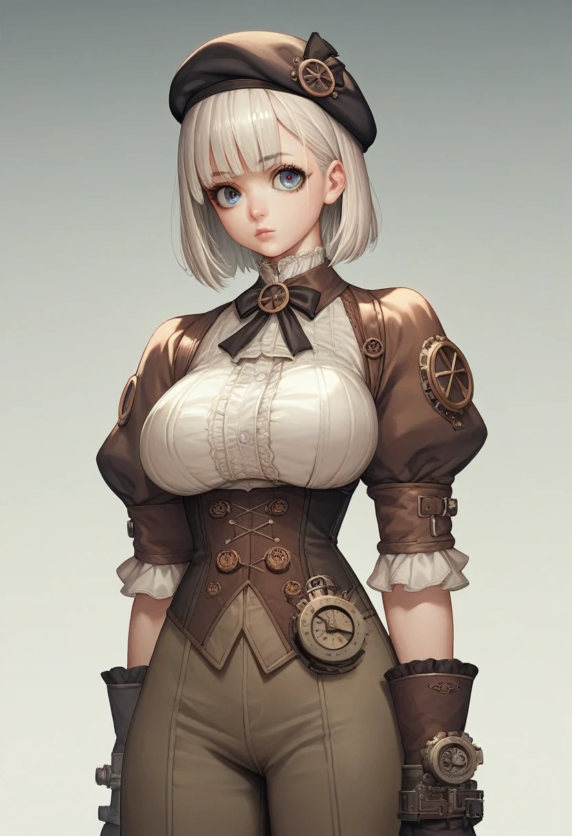 score_9, score_8_up, score_7_up, score_6_up, score_5_up, score_4_up, source_anime, medium shot, Steampunk model, sexy female, platinum blonde hair, beret, big breasts、sexy pose, anime big eye