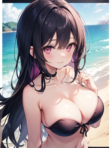 (flying debris, Highest quality, High resolution, Ticker, Pixel Perfect, Depth of written border, In 4K),
1 girl, alone, , Beautiful Anime Girls,
View your viewers,
Perfect body,
Long Hair, Black Hair, (Pink Eyes, Big Breasts:1.2),
smile, Open your mouth,
White ruffled bikini, Strapless,
Beach, summer,
throw, From above, Upper Body, concentrated , Close-up shot,
Upward glance,