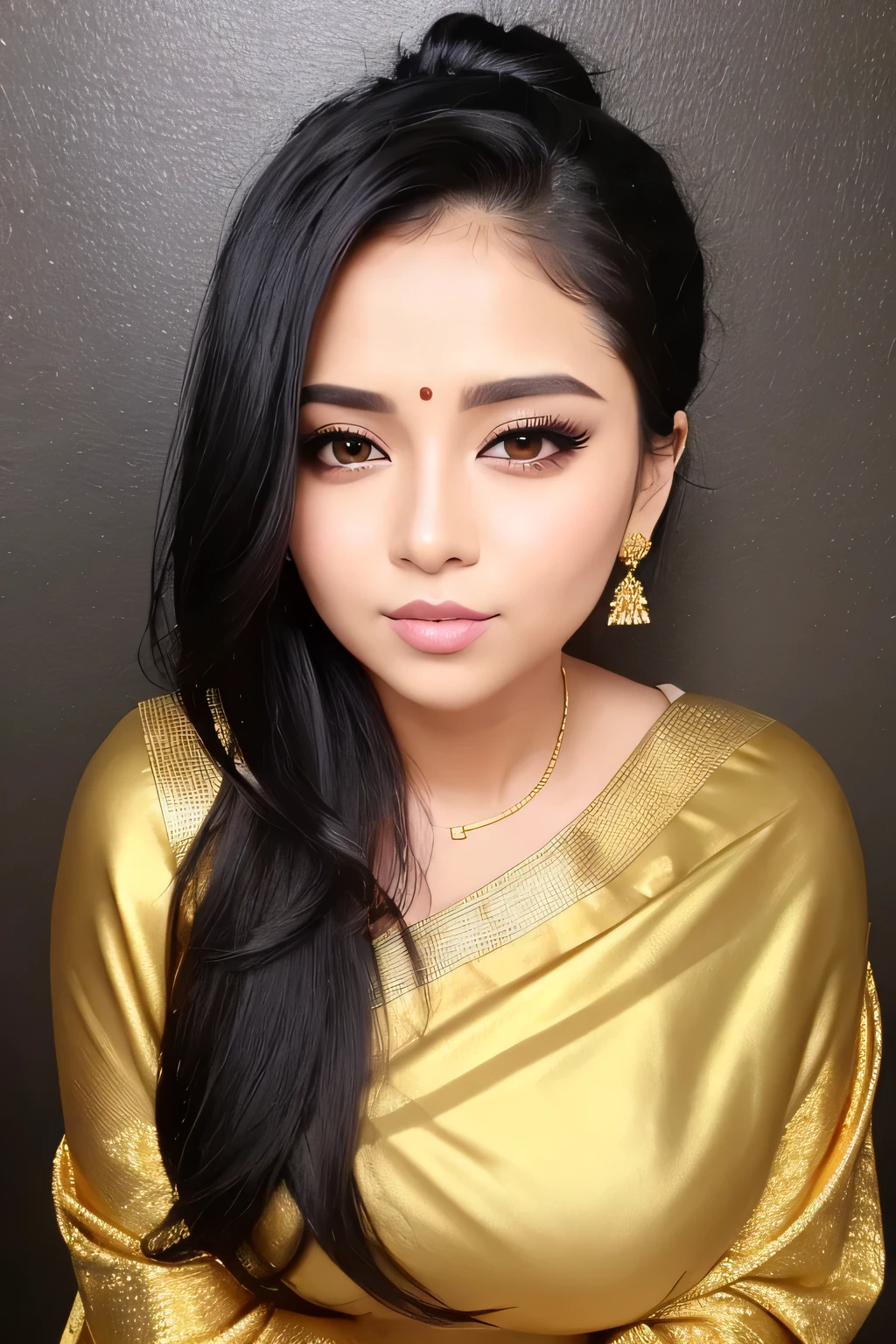 Sexy woman, black hair tied in a bun, smokey eyes, eyeliner, blushing intensely, fairest skin, plump face, soft lips, gold blouse, white saree with gold borders, pinned against a wall