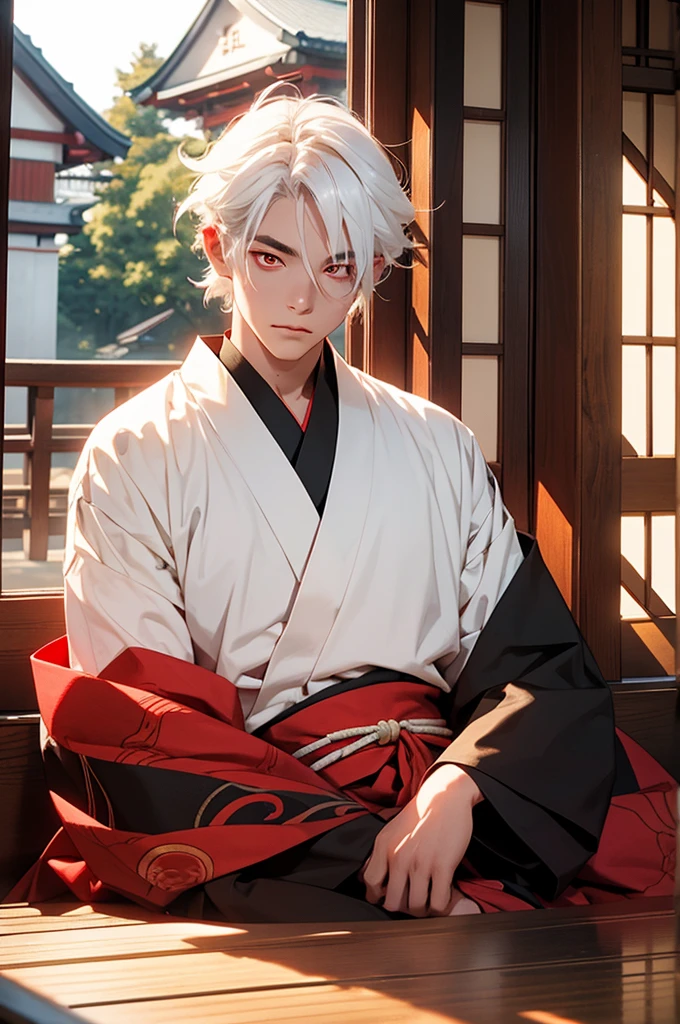 Young man seated in front of a window, Japanese temple, demon, oni, horn, kimono, long eyelashes, tousled white hair, red eyes, demon tail.