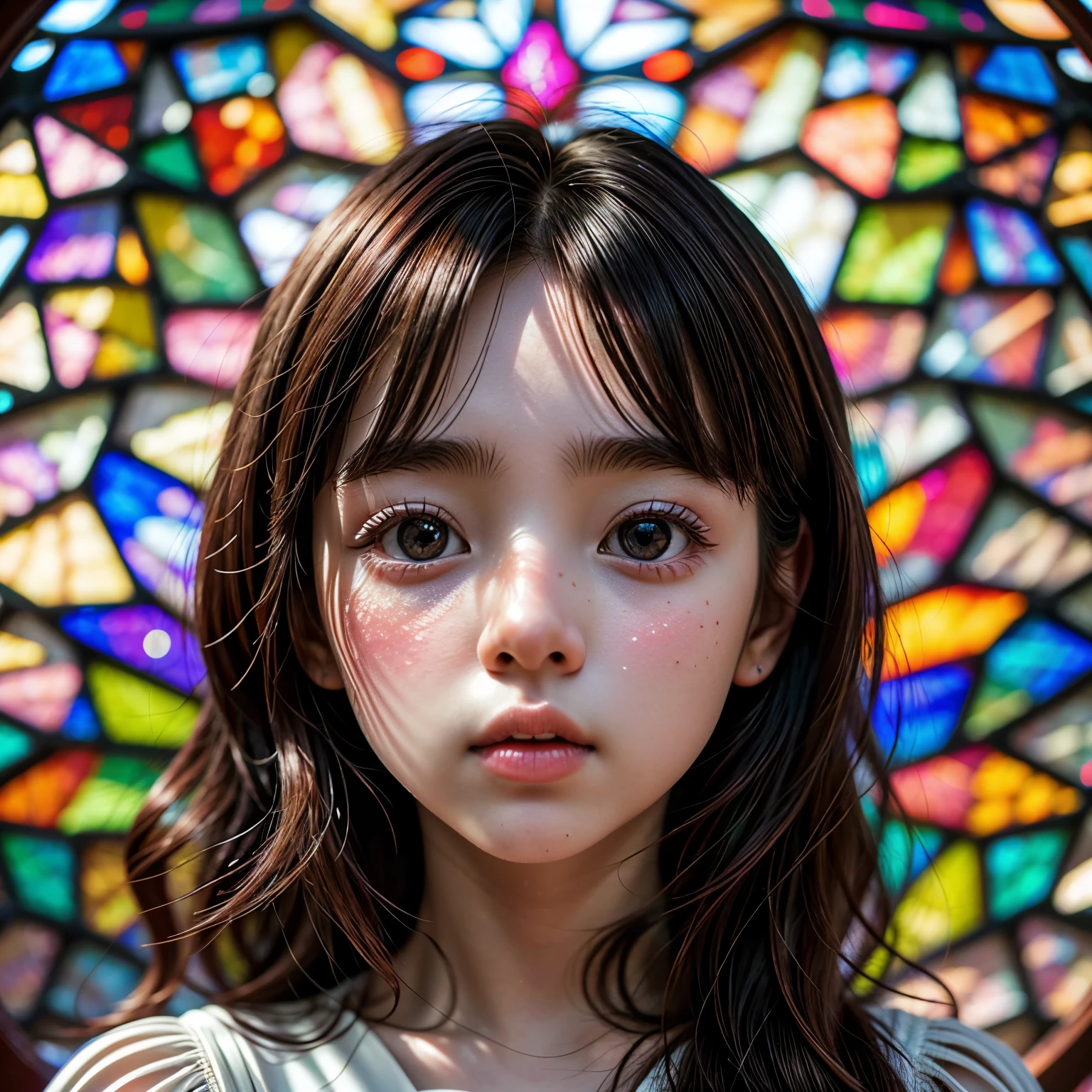 SFW 14yo, concept art, (PICHIPICHI KAWAII junior idol), (Detailed Delicate lace knitted white clothes), (nipple:-0.9), face closeup, (Elaborate stained glass Background:1.37), (((Renbutsu Misako), colorful Light shines through delicate stained glass:1.2, vivid red colors, Luminous Particles, light Particles))(Acutance:0.8). (ProfessionalPhoto:1.2),(ultra-detailed:1.37), (Extremely detailed KAWAII face variations, innocent expression variations), rosy cheeks, intricate detailed eyes with sparkling highlights, long eyelashes with volume, subtle blush on the face. Mystic sight, haze, Impeccable Radiant PearlSkin with Transparency, captivating gaze, ((Dynamic-angle)), whole Body proportions and all limbs are anatomically accurate . (Exposed:0.64)