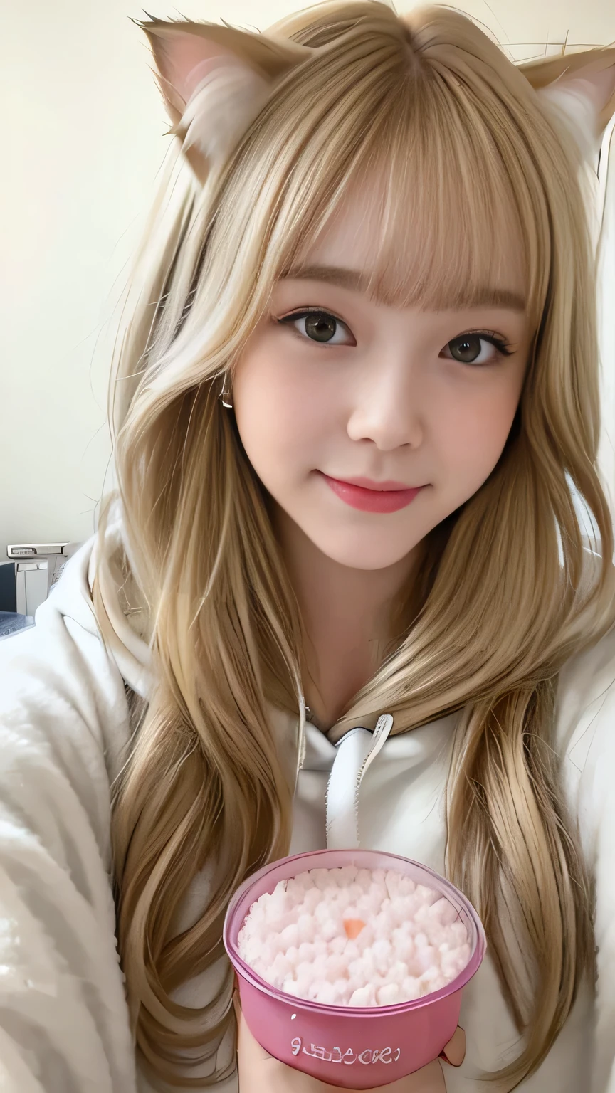 Cat Ear Food Hoodie、Selfie from diagonally above、Masterpiece、（Close-up shot 1.5）４K、High resolution、looking at the camera、（Smile 1.6）、Light blonde、With bangs、Loose and fluffy hair、1 girl、Japanese women、beautiful girl、cute、bedroom