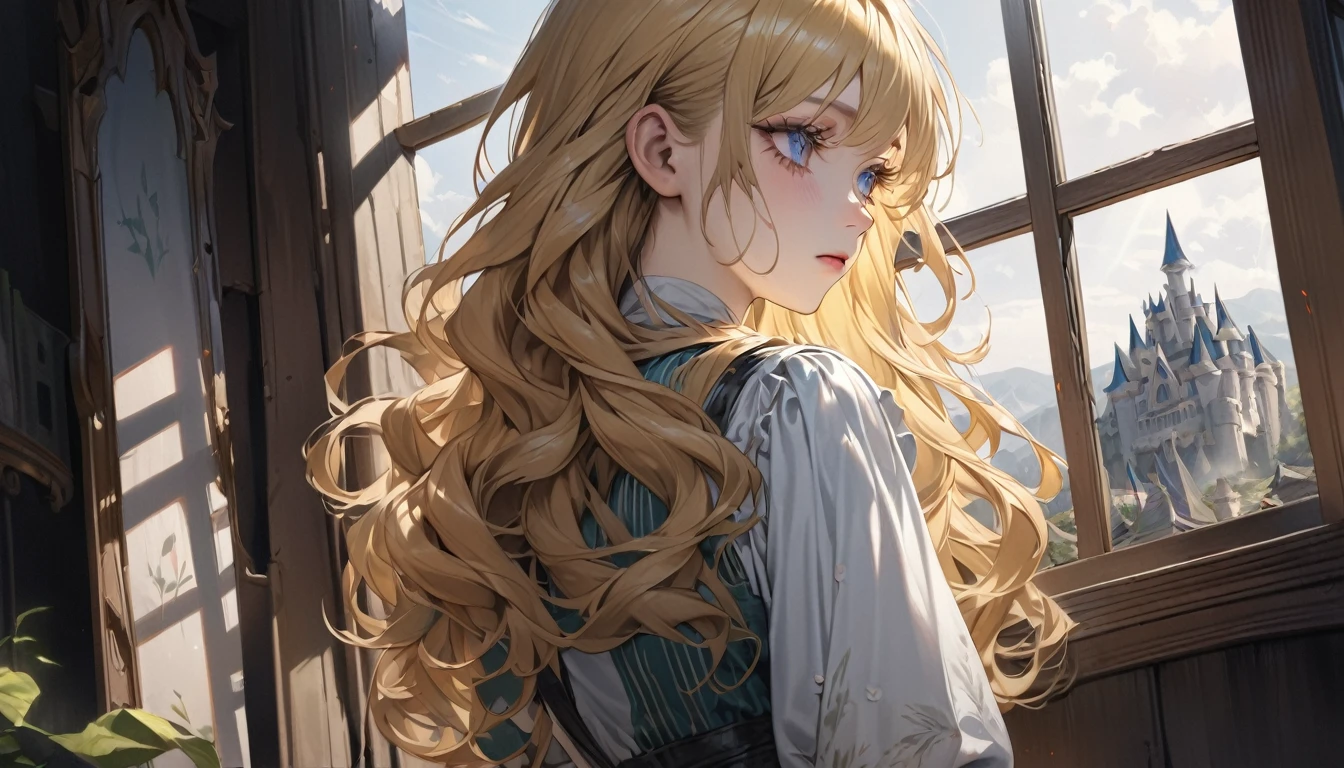 master piece, ultra detailed, hyper realistic, Looking out the window, Female servant, 20yo, Ragged and shabby servant dress, covered in soot, shedding tears and reflecting a deep sadness, wavy hair, yellow hair, silky hair, blue eyes, long eyelashes, yellow eyebrows, pale skin, A castle in the distance seen from the window, Fairy Tale World Feel, looking back, looking away, 