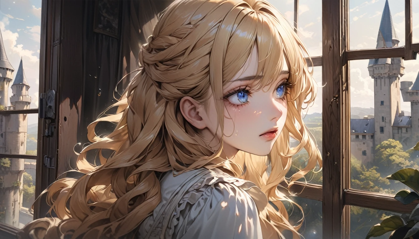 master piece, ultra detailed, hyper realistic, Looking out the window, Female servant, 20yo, Ragged and shabby servant dress, covered in soot, shedding tears and reflecting a deep sadness, wavy hair, yellow hair, silky hair, blue eyes, long eyelashes, yellow eyebrows, pale skin, A castle in the distance seen from the window, Fairy Tale World Feel, looking back, looking away, 