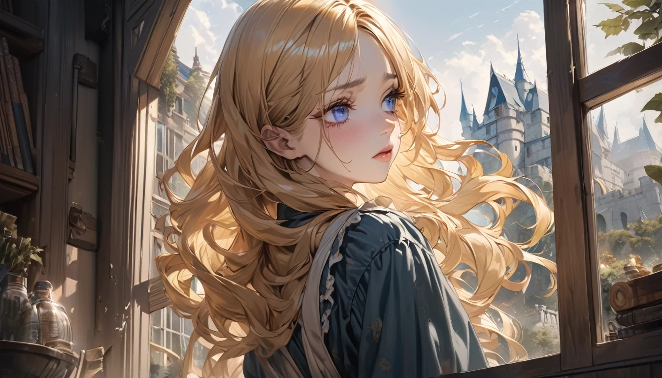 master piece, ultra detailed, hyper realistic, Looking out the window, Female servant, 20yo, Ragged and shabby servant dress, covered in soot, shedding tears and reflecting a deep sadness, wavy hair, yellow hair, silky hair, blue eyes, long eyelashes, yellow eyebrows, pale skin, A castle in the distance seen from the window, Fairy Tale World Feel, looking back, looking away, 